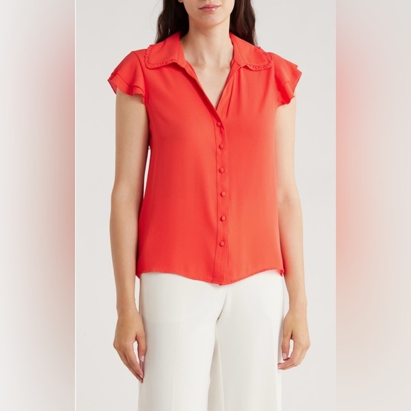 T Tahari Tops - T Tahari Women's Reddish Orange Button-Down Blouse Flutter Sleeves Size Small